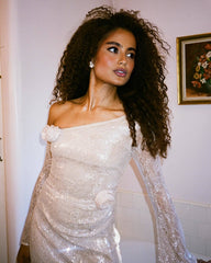 Luxury One-Shoulder Sequin Lace Handmade Flower Long Formal Evening Gown