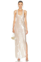 Champagne Sequin Halter Maxi Gown